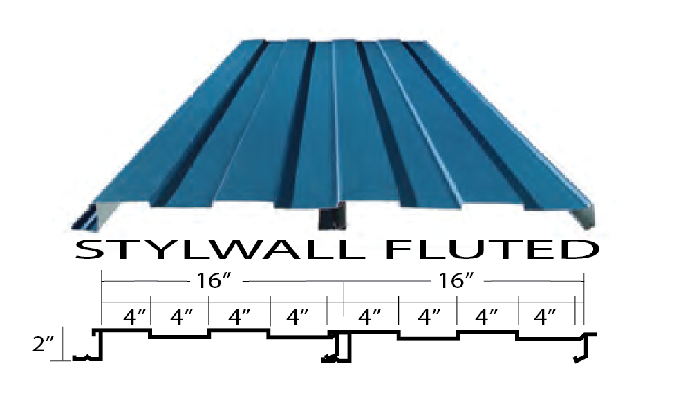 Butler Stylwall Fluted metal wall panel with 4 inch on center ribs providing a board and batt appearance and concealed fastener design