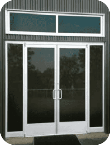 Butler Building aluminum storefront door with 10āinch ADA bottom rail, insulated glazing, and optional sidelites or transoms