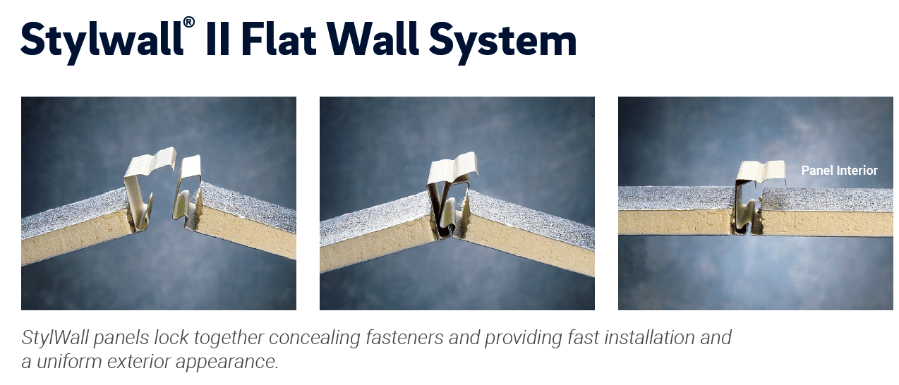 Butler Stylwall II Flat metal wall panels installed on a commercial building exterior showing smooth embossed stucco surface concealed fastener monolithic wall appearance and Butler-Cote premium finish for corporate office community facility or manufacturing plant applications