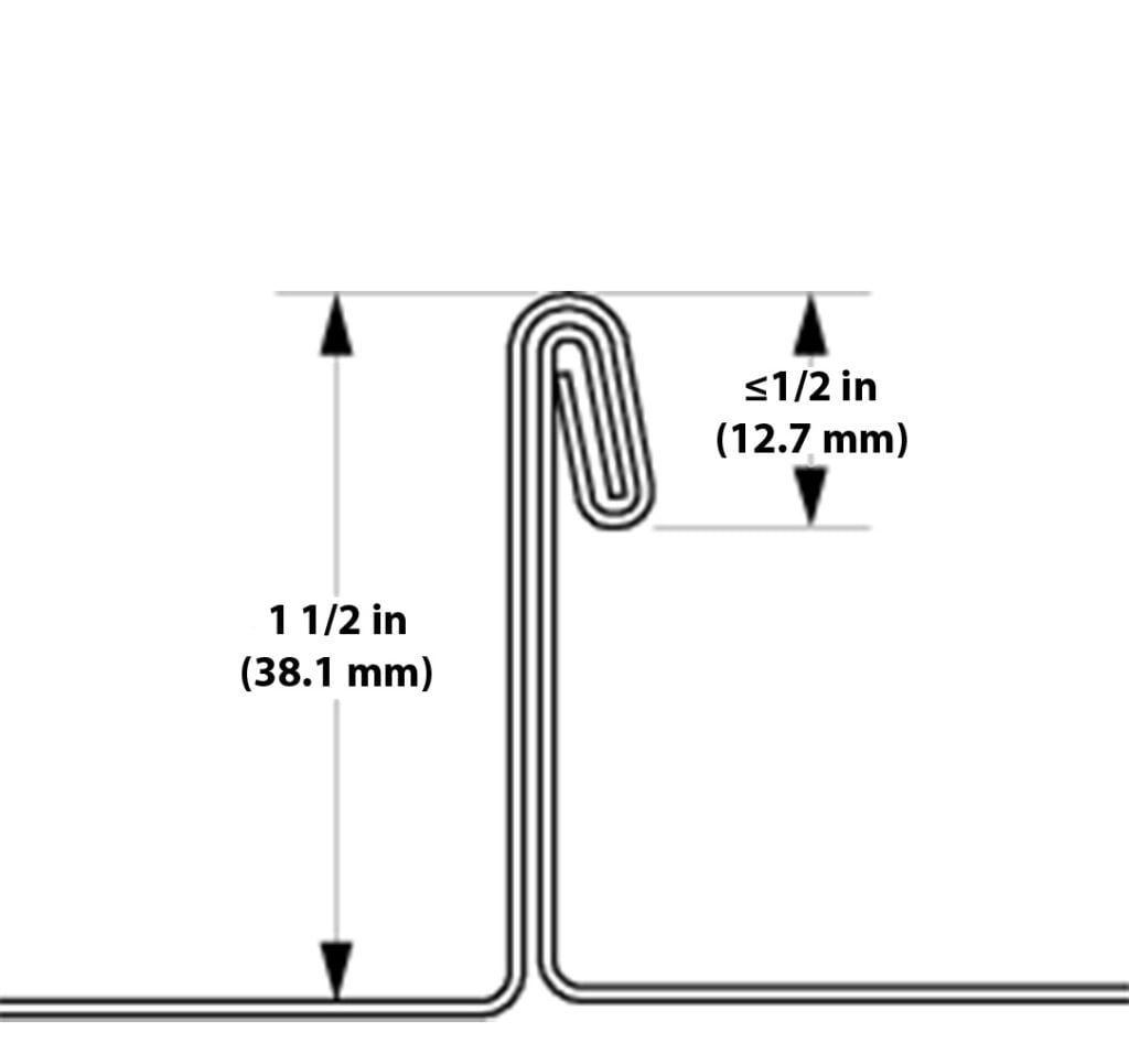 S-5-E clamp compatibility diagram for 1.5-inch double-fold standing seam metal roof profile showing correct seam engagement geometry