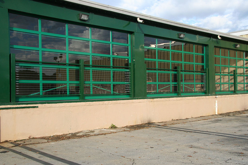 Tereza AlumaView aluminum full view sectional door installed on modern commercial building showing natural light and glass panel detail
