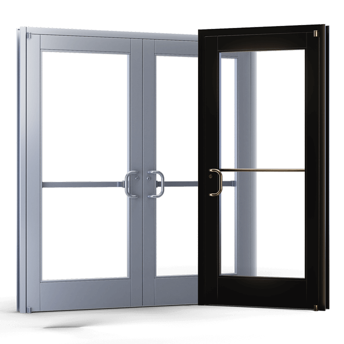 Butler Storefront aluminum walk door with heavy-duty aluminum frame tempered safety glass panels ADA-compliant pivot hardware commercial hookbolt deadlock and custom anodized finish for professional retail office and showroom Butler building entrances