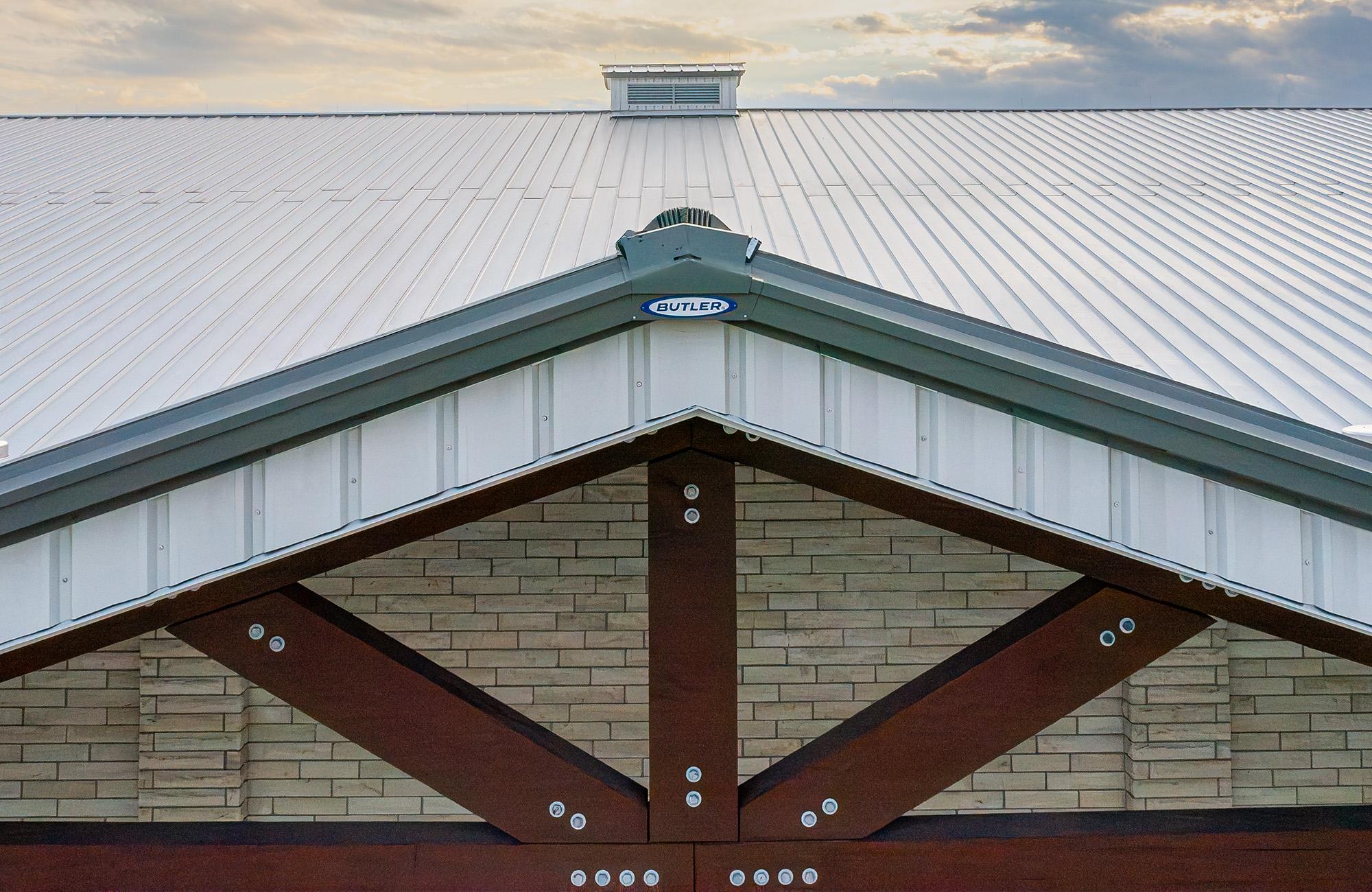 Completed Butler CMR-24 standing seam roof on a commercial Butler building showing clean architectural exterior profile UL Class 90 wind uplift rating and Energy Star cool roof color finish