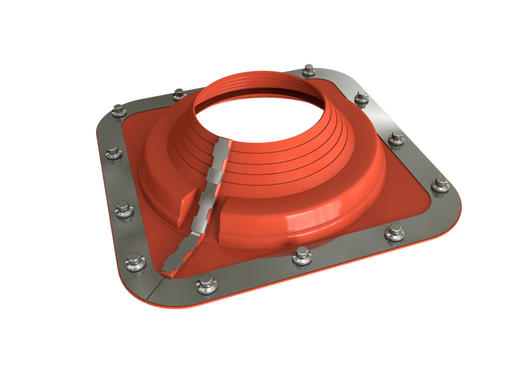 Dektite Combo flexible pipe flashing for Butler metal roofs accommodating both round and square pipes conduits and penetrations in a single adjustable flashing unit