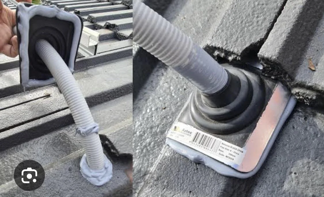 Butler compatible Dektite pipe flashing installed on a commercial Butler metal roof showing flexible EPDM base conforming to roof panel profile around a pipe penetration