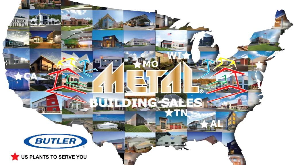 Butler Manufacturing national plant locations map showing all eight US manufacturing facilities in Visalia CA Evansville WI Kansas City MO Rainsville AL Saint Joseph MO Annville PA Jackson TN and San Jose CA for localized Butler building support nationwide