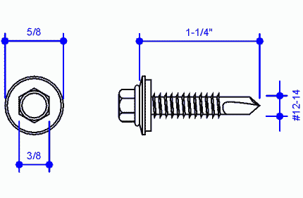 (T-3) #12-14 x 1 1/4" SS SDS, 3/8" Hex Hd w/ Washer (097373)