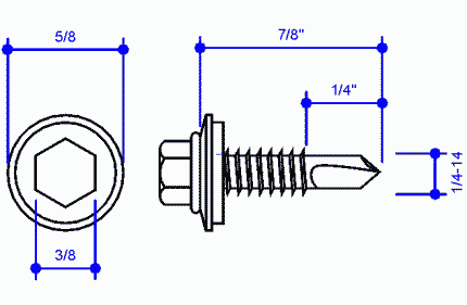 (T-1) 1/4-14 x 7/8" Mini Pt SDS SS, 3/8" Hex Hd w/ Washer (0097374)