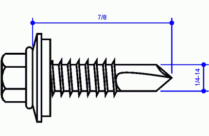 (T-3) 1/4-14 × 7/8" SS SDS, 3/8" Hex Hd w/ Washer (097409)