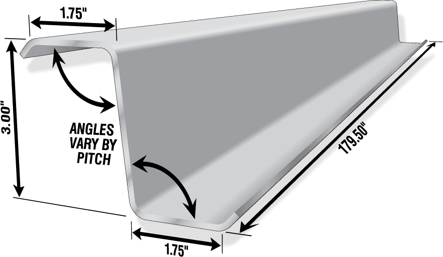 Galvanized steel roofing panel with dimensions of 1.75" height, 3" width, and varying angles. Ideal for construction applications.