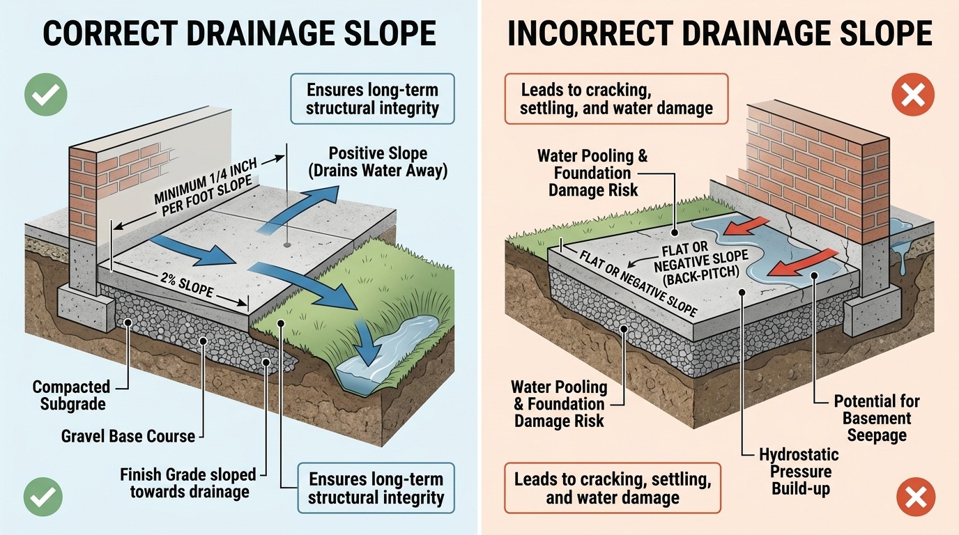 Correct foundation drainage slope for steel building.