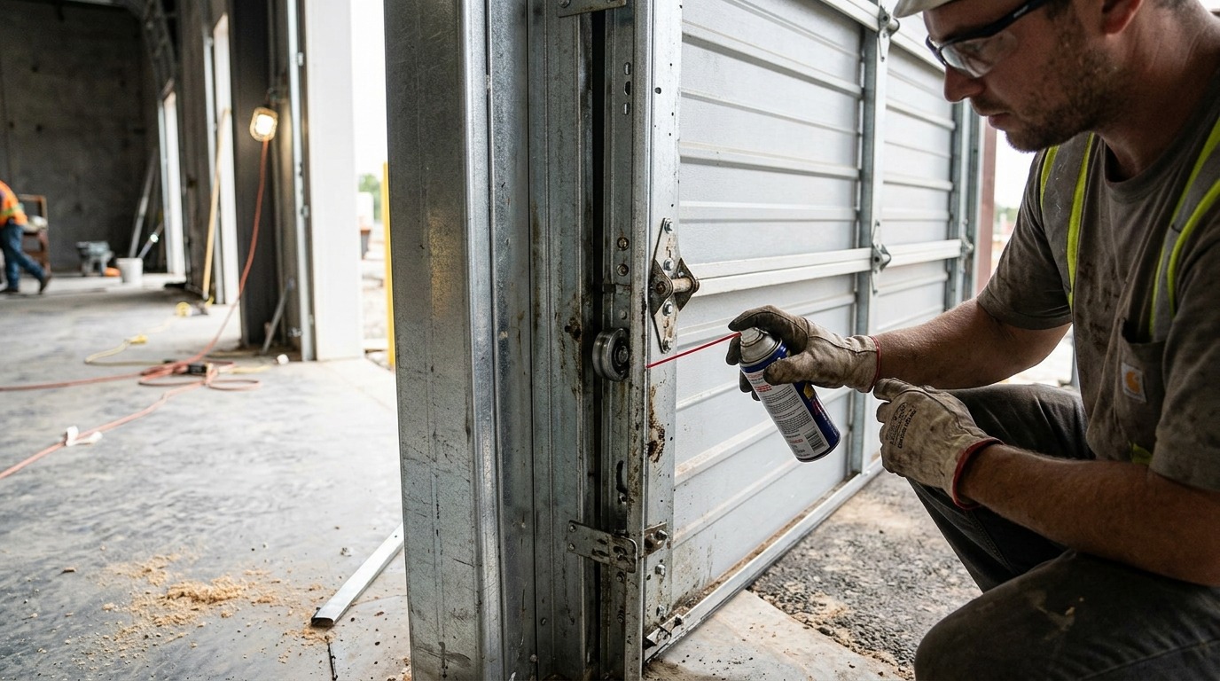 Lubricating steel building rollup door hardware.