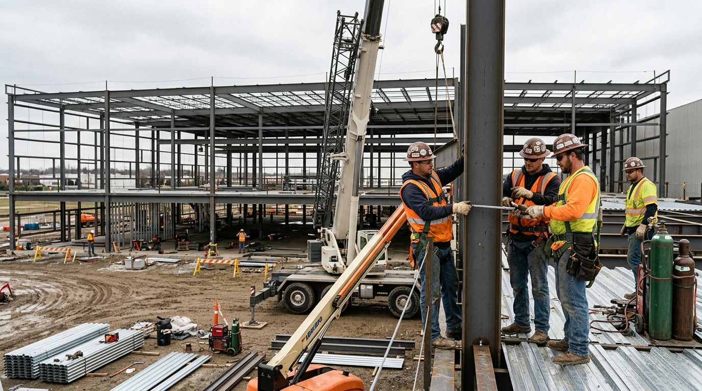 Professional crew installing a steel building