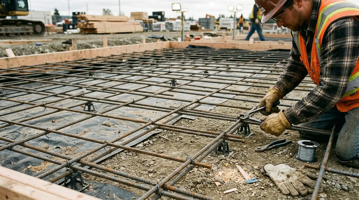 Rebar reinforcement grid for metal building foundation slab.