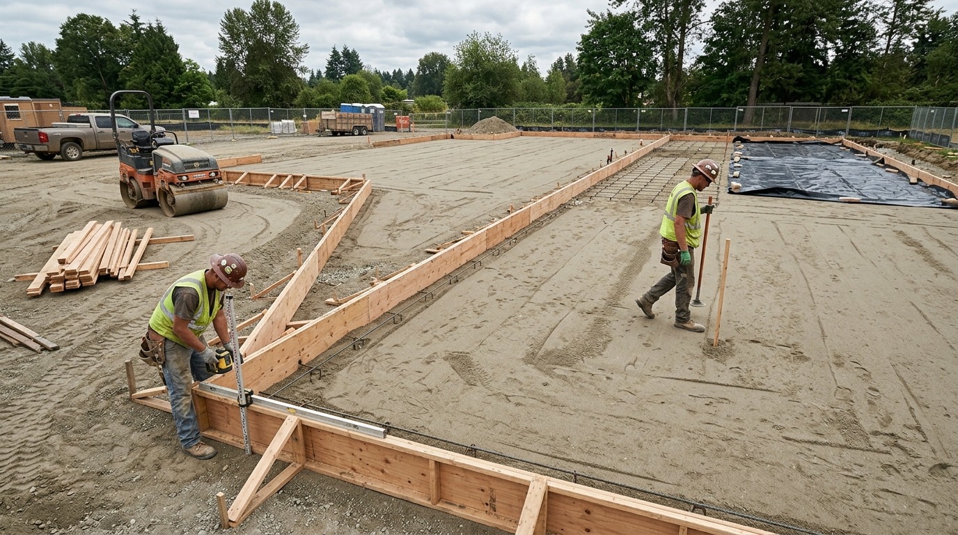 Site grading and formwork prepared before steel building slab pour